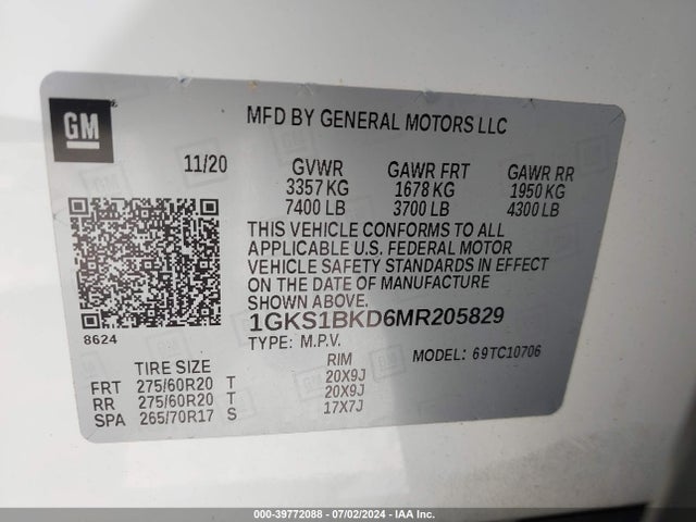 1GKS1BKD6MR205829 GMC Yukon 2wd Slt