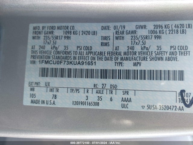 Ford ESCAPE S 2019 1FMCU0F73KUA91651 Image 9