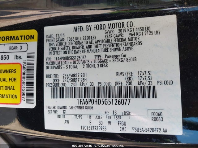 Ford FUSION SE 2016 1FA6P0HD5G5126077 Image 9