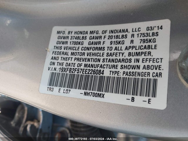 Honda Civic Lx 2014 19XFB2F57EE226084 Image 9