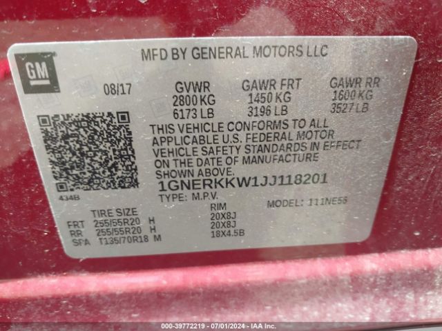1GNERKKW1JJ118201 Chevrolet Traverse Premier