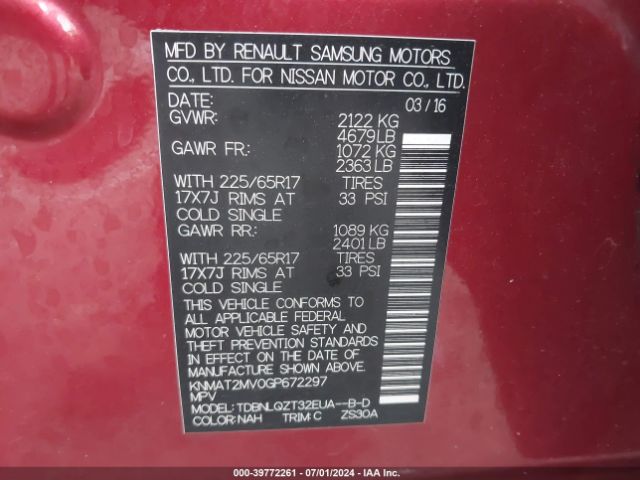 KNMAT2MV0GP672297 Nissan ROGUE SV