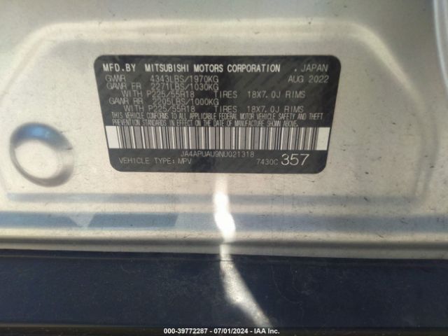 JA4APUAU9NU021318 Mitsubishi Outlander Sport 2.0 Be 2wd/2.0 Es 2wd/2.0 Le 2wd/2.0 S 2wd