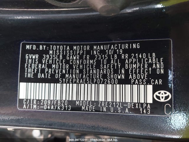 Toyota COROLLA LE 2020 5YFEPRAE5LP072600 Image 9