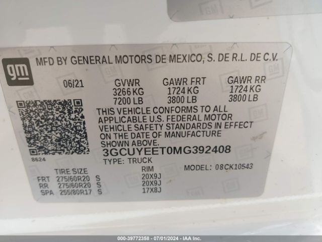 3GCUYEET0MG392408 Chevrolet Silverado 1500 4wd  Short Bed Rst