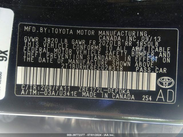 2T1BURHE6EC028318 Toyota COROLLA L