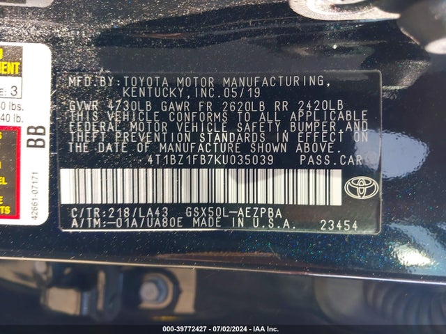 Toyota AVALON LIMITED 2019 4T1BZ1FB7KU035039 Image 9