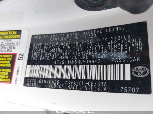 Toyota CAMRY SE 2021 4T1G11AK5MU518942 Image 9