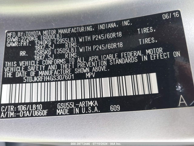 Toyota Highlander Xle V6 2016 5TDJKRFH4GS307601 Image 9