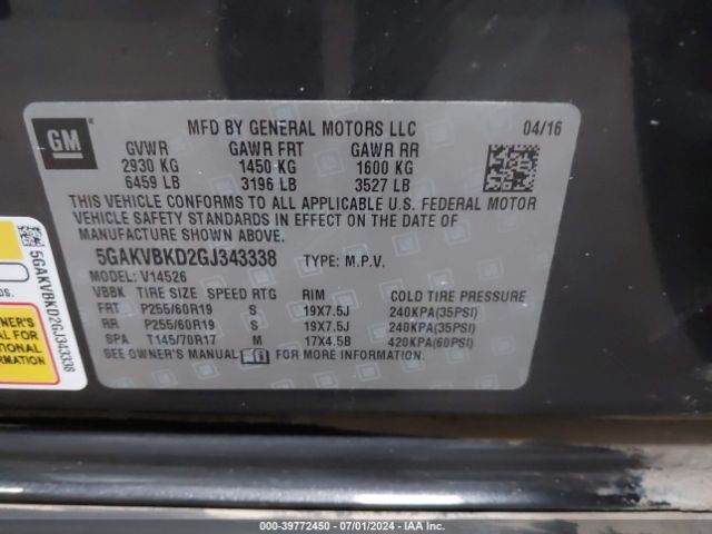 5GAKVBKD2GJ343338 Buick Enclave Leather