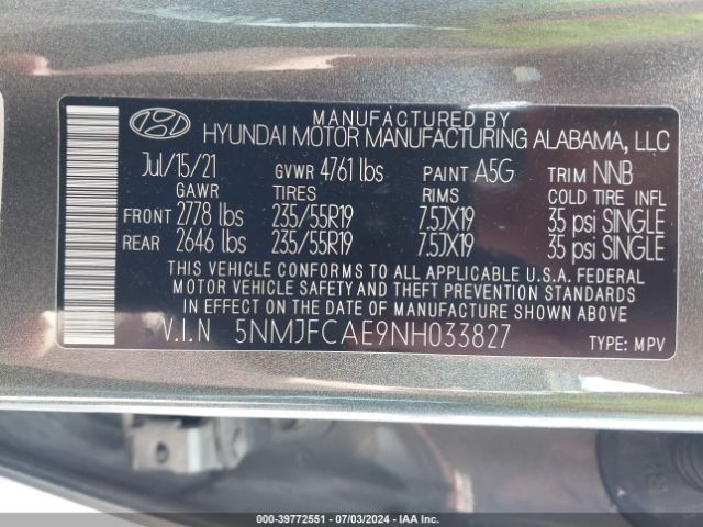 5NMJFCAE9NH033827 Hyundai TUCSON SEL