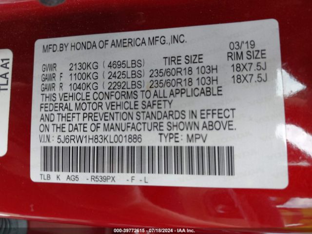 5J6RW1H83KL001886 Honda Cr-v Ex-l