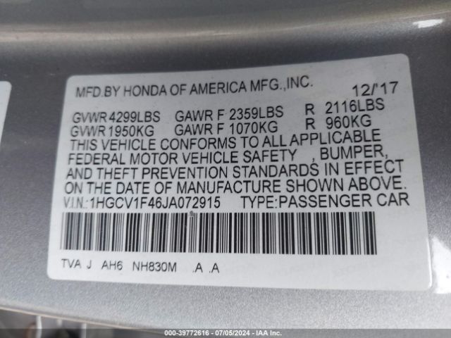 1HGCV1F46JA072915 Honda ACCORD EX