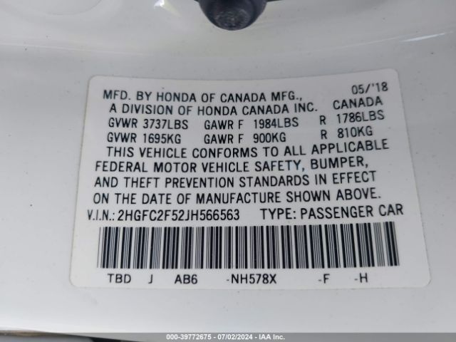 2HGFC2F52JH566563 Honda Civic Lx