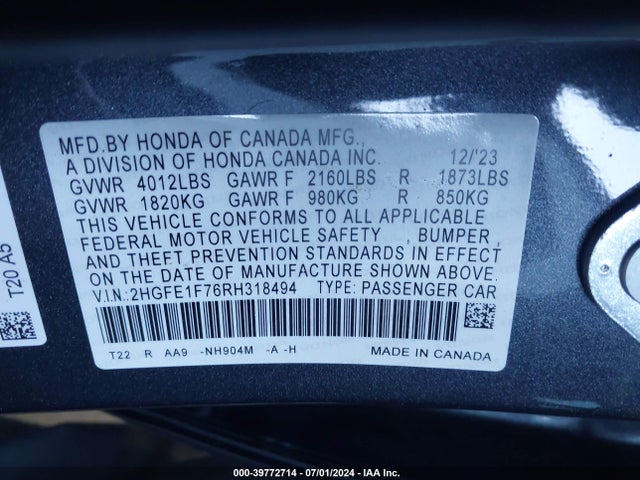 Honda CIVIC EX 2024 2HGFE1F76RH318494 Image 9