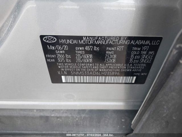 5NMS33AD6LH235896 Hyundai Santa Fe Sel