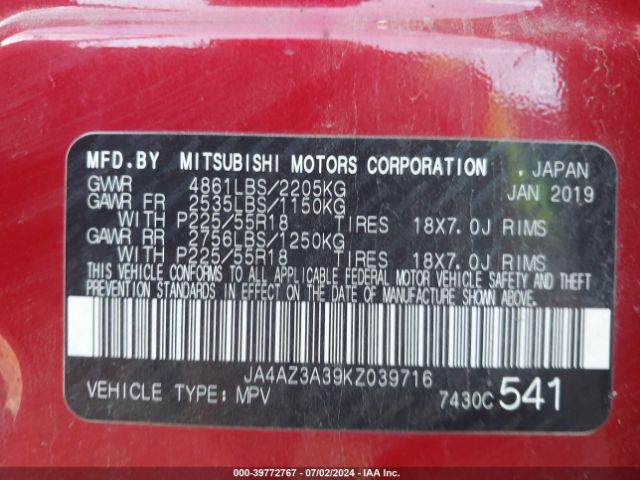 JA4AZ3A39KZ039716 Mitsubishi Outlander Sel