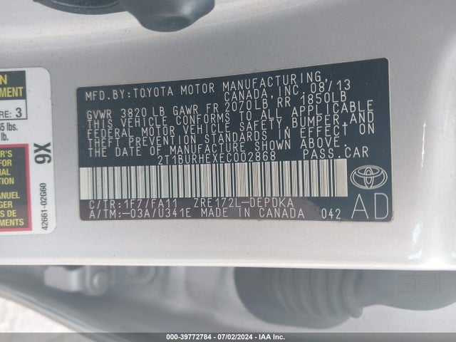 Toyota COROLLA L 2014 2T1BURHEXEC002868 Image 9