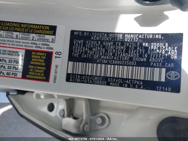 Toyota AVALON LIMITED 2017 4T1BK1EB8HU255093 Image 9
