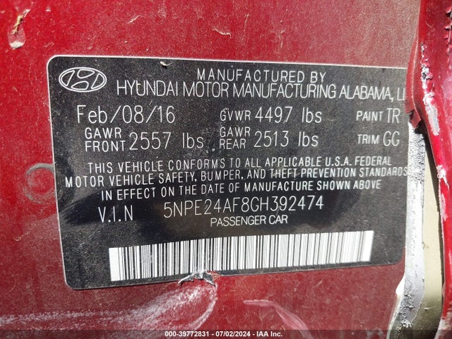 Hyundai Sonata 2016 5NPE24AF8GH392474 Image 9