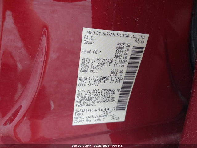 1N6BA1F46GN504410 Nissan Titan Xd Sl Diesel