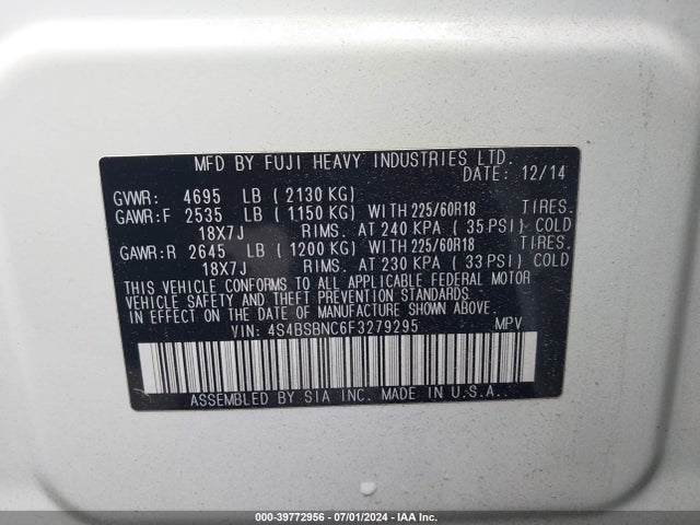 Subaru Outback 2.5i Limited 2015 4S4BSBNC6F3279295 Image 9