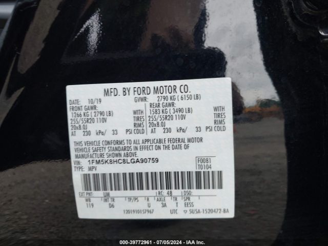 1FM5K8HC8LGA90759 Ford Explorer Platinum
