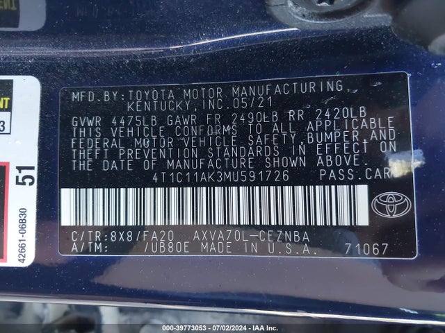 Toyota CAMRY LE 2021 4T1C11AK3MU591726 Image 9