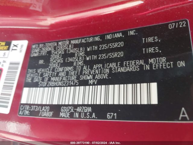 5TDFZRBH0NS231475 Toyota Highlander Platinum