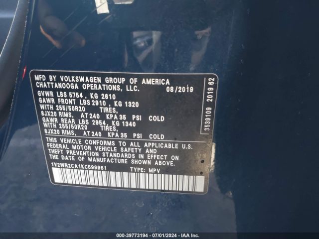 1V2WR2CA1KC599961 Volkswagen Atlas 3.6l V6 Se W/technology