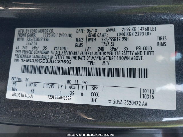 Ford ESCAPE SE 2018 1FMCU9GD3JUC83692 Image 9