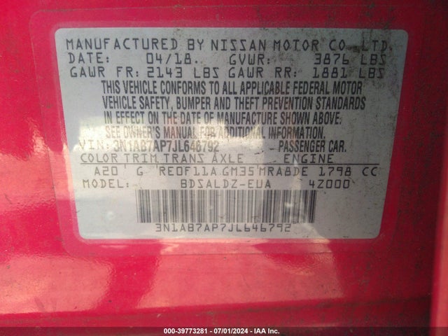 Nissan SENTRA SV 2018 3N1AB7AP7JL646792 Image 9