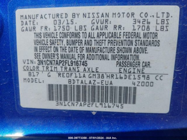 3N1CN7AP2FL916745 Nissan Versa 1.6 S+