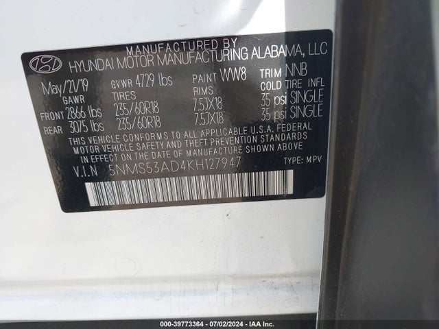 Hyundai Santa Fe Limited 2019 5NMS53AD4KH127947 Image 9