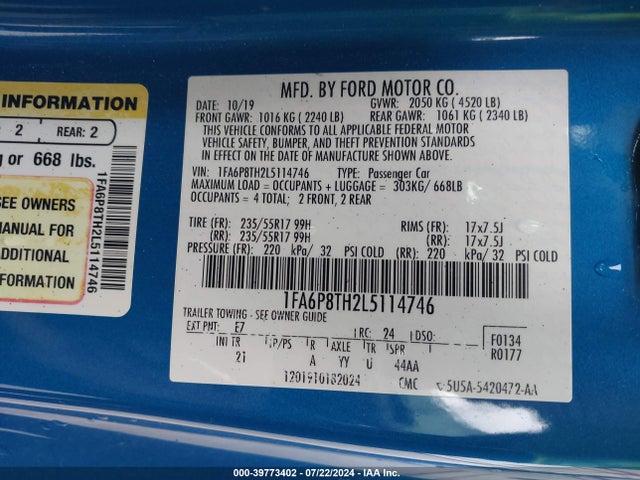 Ford Mustang Ecoboost Fastback 2020 1FA6P8TH2L5114746 Image 9