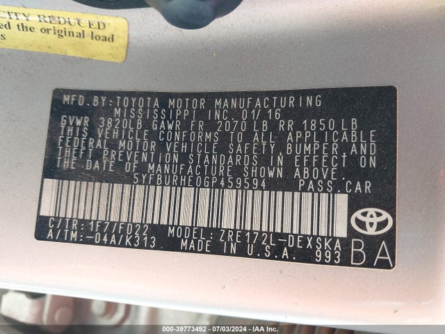 Toyota Corolla S Plus 2016 5YFBURHE0GP459594 Image 9