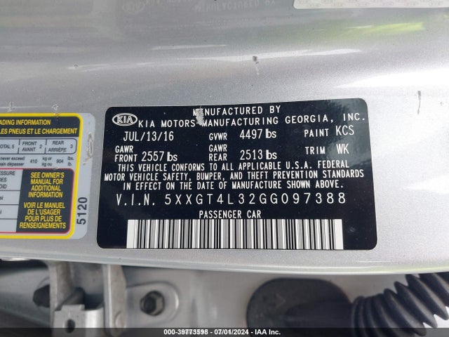 39773598 :رقم المزاد ، 5XXGT4L32GG097388 vin ، 2016 Kia Optima Lx مزاد بيع