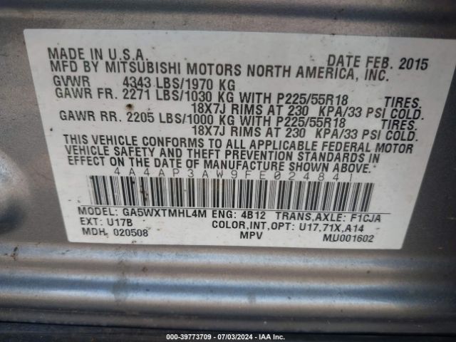 4A4AP3AW9FE024841 Mitsubishi Outlander Sport Es