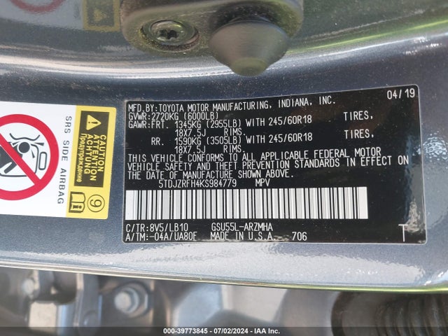Toyota Highlander Xle 2019 5TDJZRFH4KS984779 Image 9