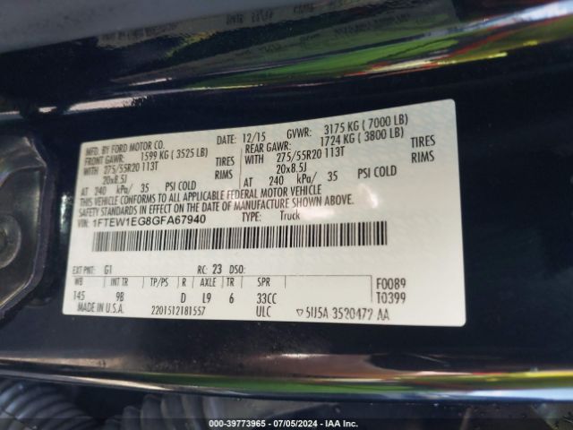 1FTEW1EG8GFA67940 Ford F-150 Platinum