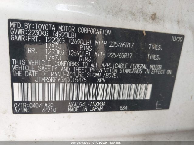 JTMR6RFV5MD015475 Toyota Rav4 Hybrid Xle