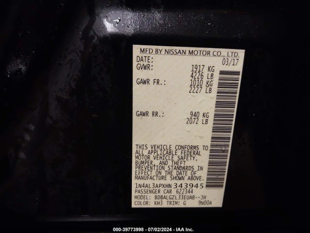 1N4AL3APXHN343945 Nissan Altima 2.5 S