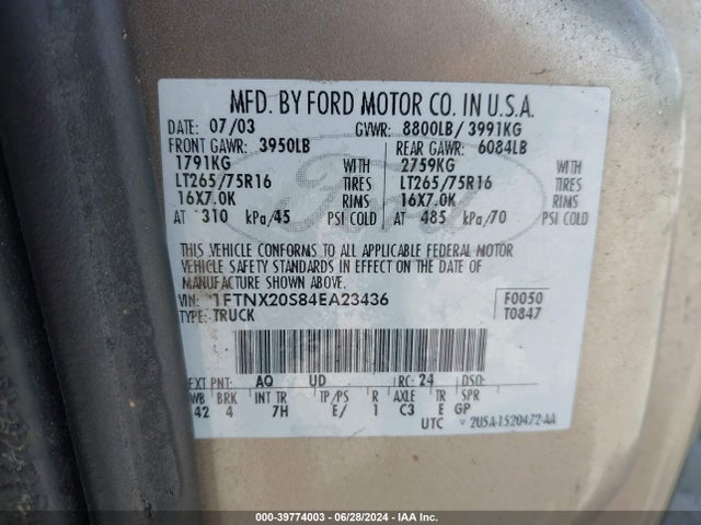 39774003 :رقم المزاد ، 1FTNX20S84EA23436 vin ، 2004 Ford F-250 Lariat/xl/xlt مزاد بيع