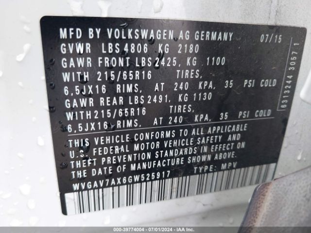 WVGAV7AX6GW525917 Volkswagen TIGUAN S