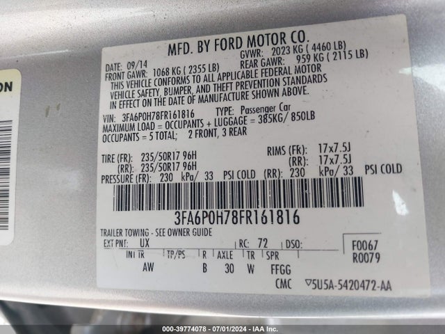 Ford FUSION SE 2015 3FA6P0H78FR161816 Image 9
