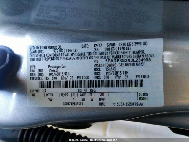 1FADP3E2XJL234998 Ford FOCUS S