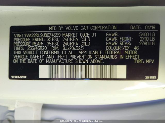 LYVA22RL9JB074559 Volvo Xc60 T6 Inscription