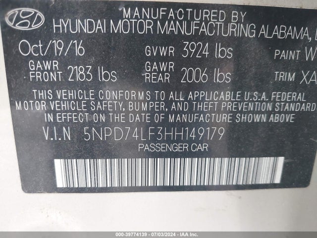 Hyundai ELANTRA SE 2017 5NPD74LF3HH149179 Image 9