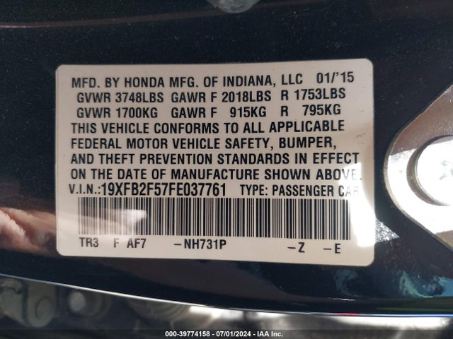 Honda Civic Lx 2015 19XFB2F57FE037761 Image 9
