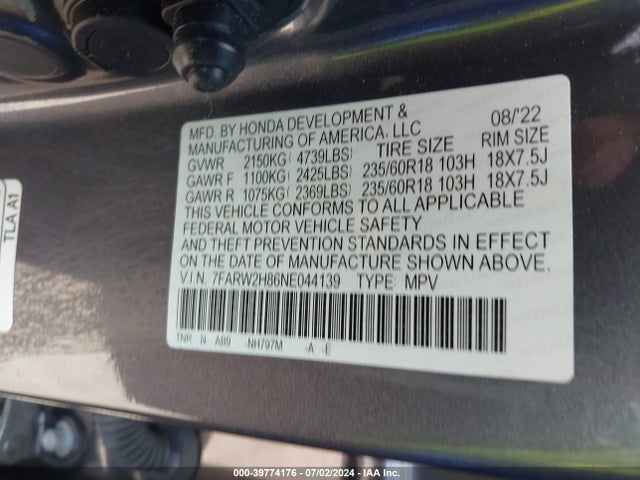Honda Cr-v Awd Ex-l 2022 7FARW2H86NE044139 Image 9